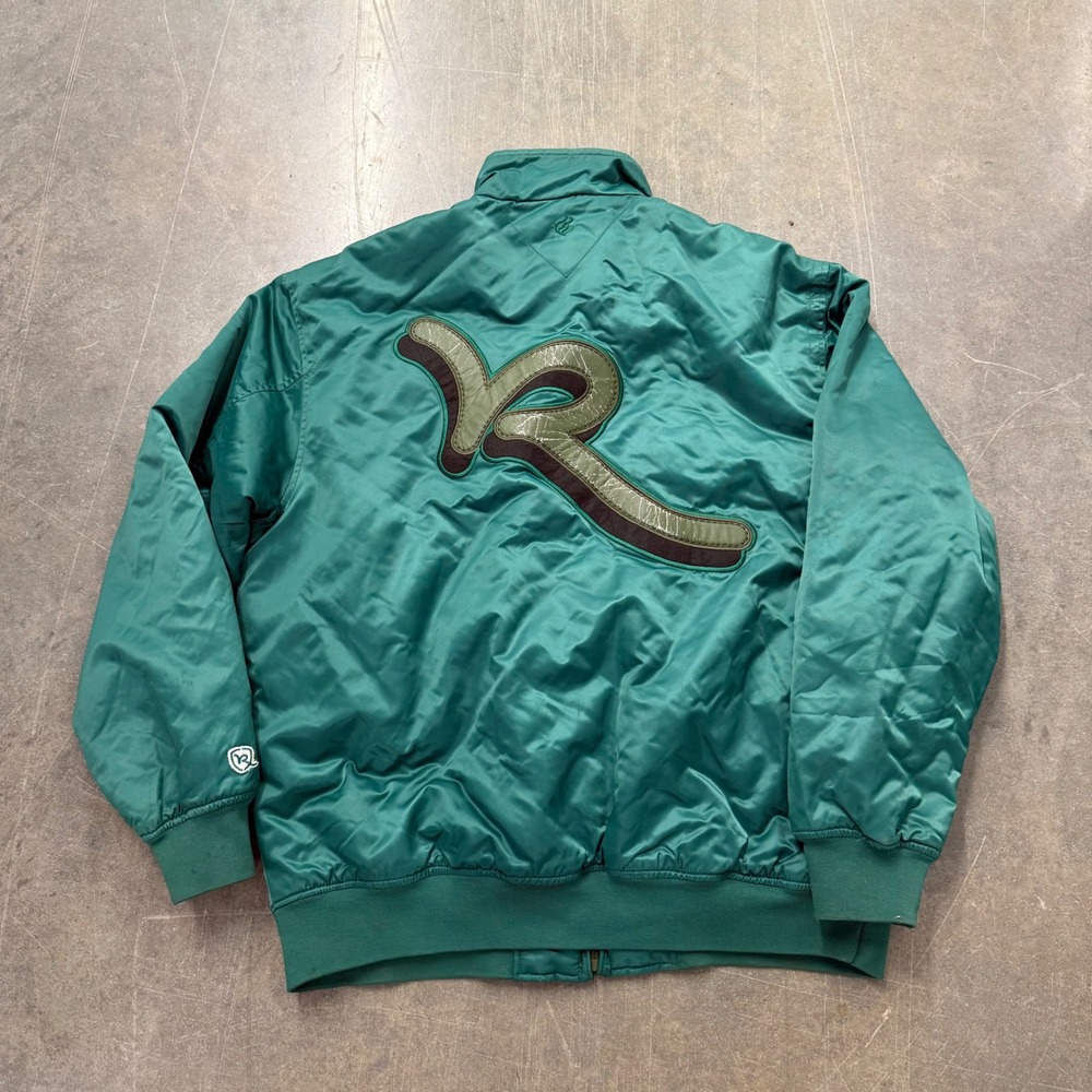 Vintage Rocawear Bomber Jacket Mens XL Green Y2K Streetwear Embroidered Logo Zip